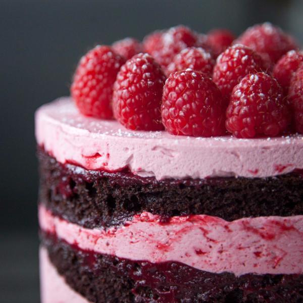 Gluten-free Raspberry Chocolate Cake topped with fresh Raspberries - Krumville Bake Shop