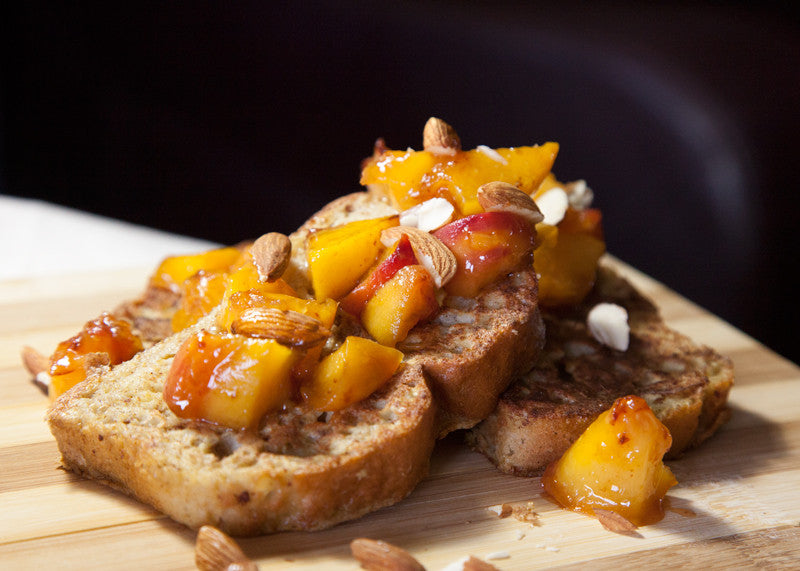 Gluten Free Focaccia French Toast with Peaches & Almonds