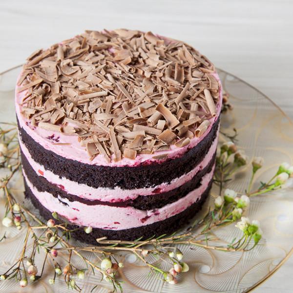 Cherry Chocolate Cake with chocolate curls topping Gluten-free - Krumville Bake Shop